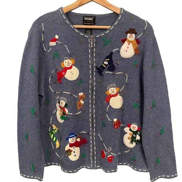 Ugly Christmas Sweater Womens L Cardigan Wool Embroidered Grandma Cottage‎ Retro - Picture 1 of 13